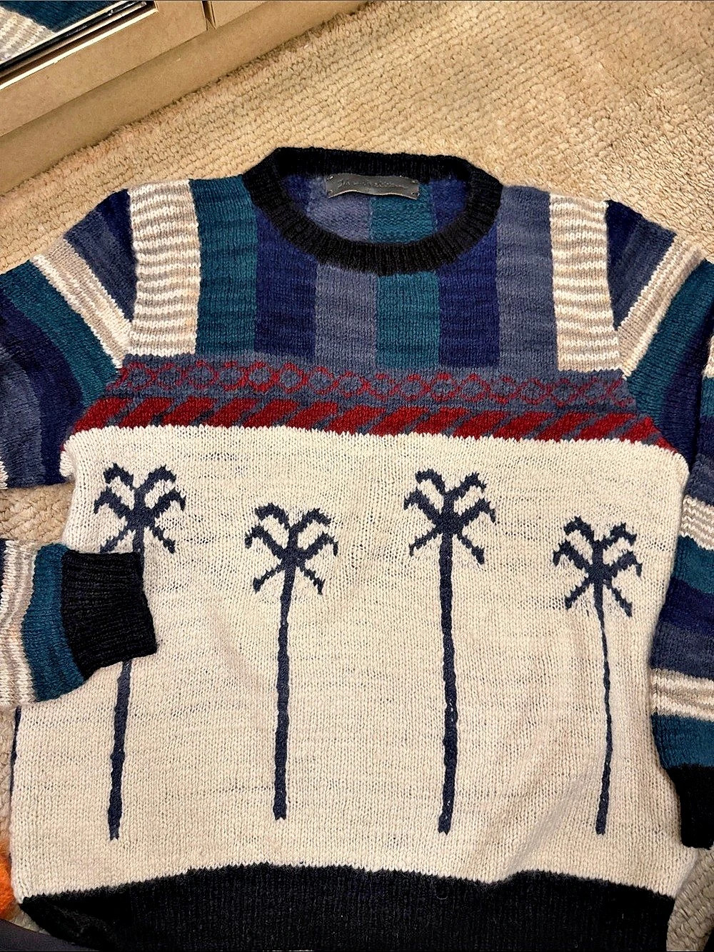 The Elder Statesman Men's Geometric Knit Sweater Blue & Cream Medium
